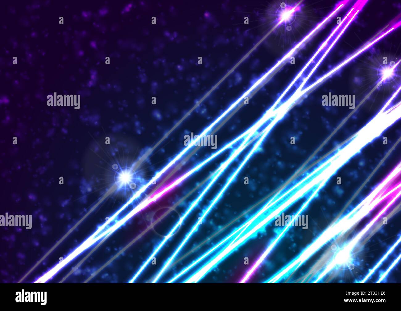 Blaue lila Neonlaserlinien und Bokeh beleuchtet abstrakten Hintergrund. Vektordesign Stock Vektor
