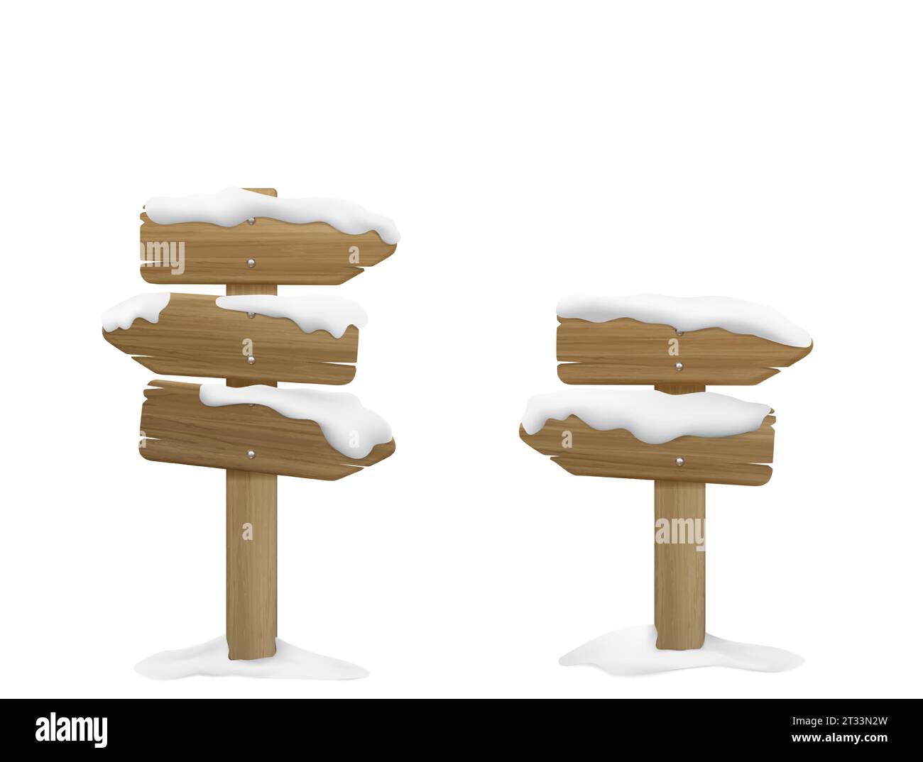 Hölzerne Schilder bedeckt mit Schnee 3d Karikaturvektorsatz. Realistische Illustration von verschiedenen leeren schneebedeckten Pfeiltafeln und Bannern mit Holzstruktur für Winter- und Weihnachtstext und Werbeschilder. Stock Vektor