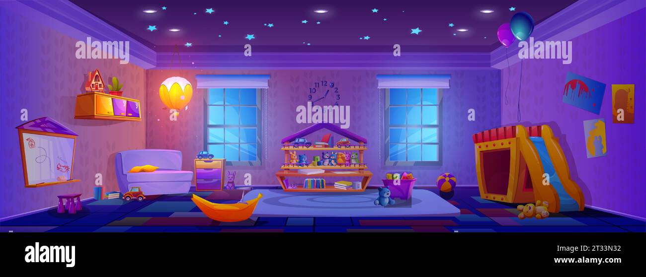 Kindergartenspielzimmer in der Nacht. Vektor-Karikaturillustration des großen Raumes mit dunklen Fenstern, Spielzeug und Bücher auf Regalen, Holzhaus mit Rutsche, Sterne an der Decke, Lampe Licht, Kindergarten Schule Spielbereich Stock Vektor