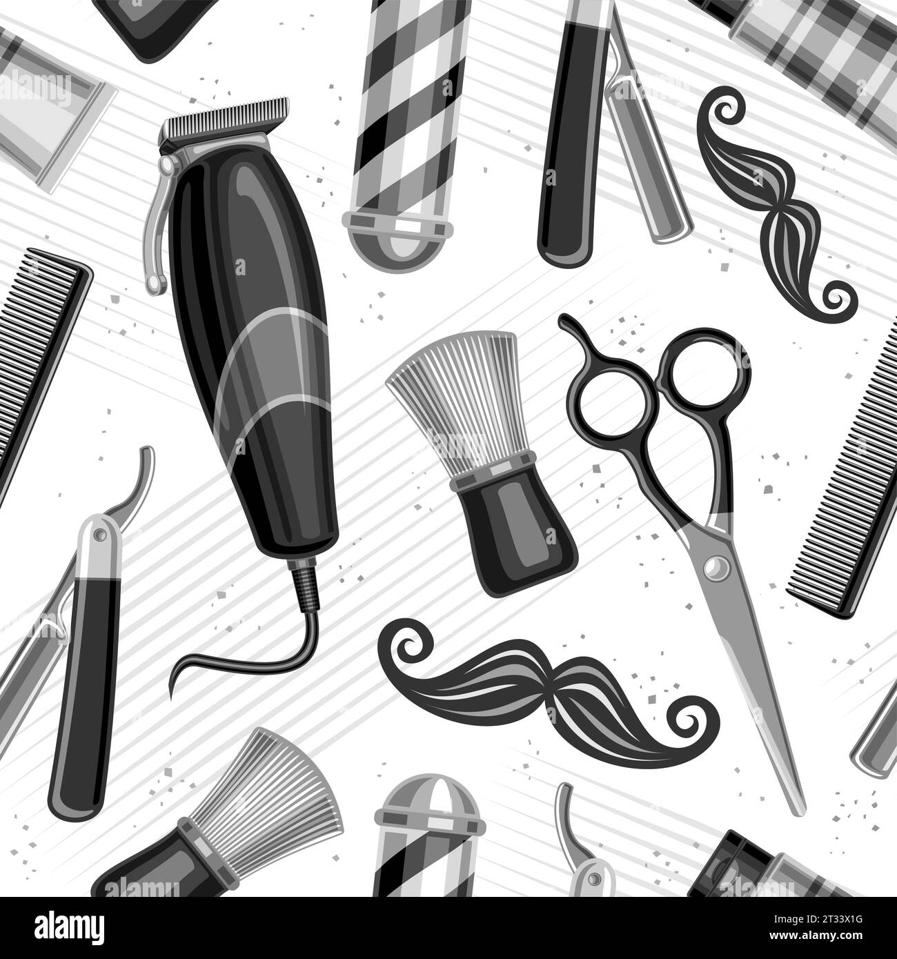 Vector Barbershop nahtloses Muster, wiederholender Hintergrund mit Illustrationen der Friseur-Shop-Ausrüstung für Tapeten, dekoratives quadratisches Poster mit Flyi Stock Vektor