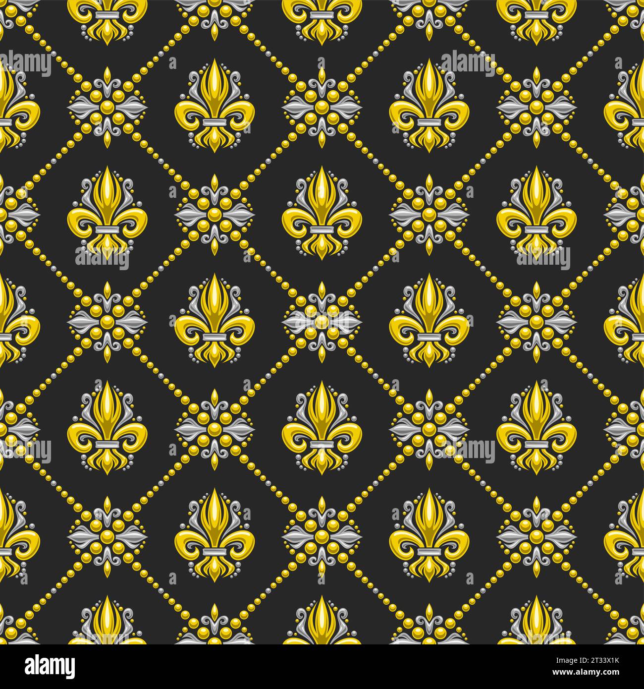 Vector Fleur de Lis Seamless Pattern, quadratischer, wiederholter Hintergrund mit Abbildungen von Gittermustern und gelben französischen Fleur de Lis in Rautenzellen o Stock Vektor