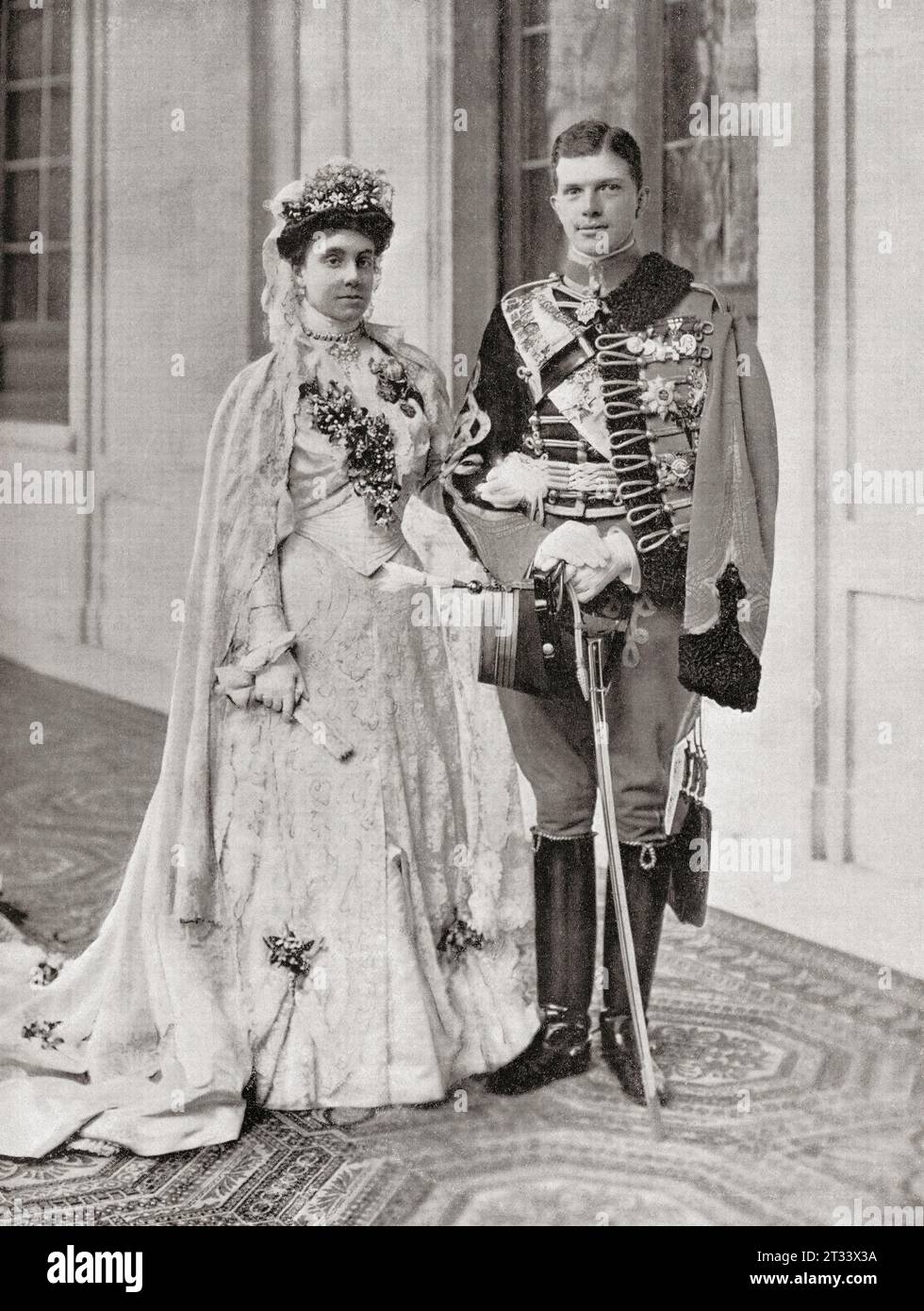 Die Hochzeit von Prinz Ferdinand Maria von Bayern, Prinz des Hauses Wittelsbach und Infante von Spanien (1884–1958) und Infantin María Teresa von Spanien (1882–1912) im Jahre 1906. Zweitältestes Kind und Tochter von Alfonso XII. Von Spanien. Aus Mundo Grafico, veröffentlicht 1912. Stockfoto