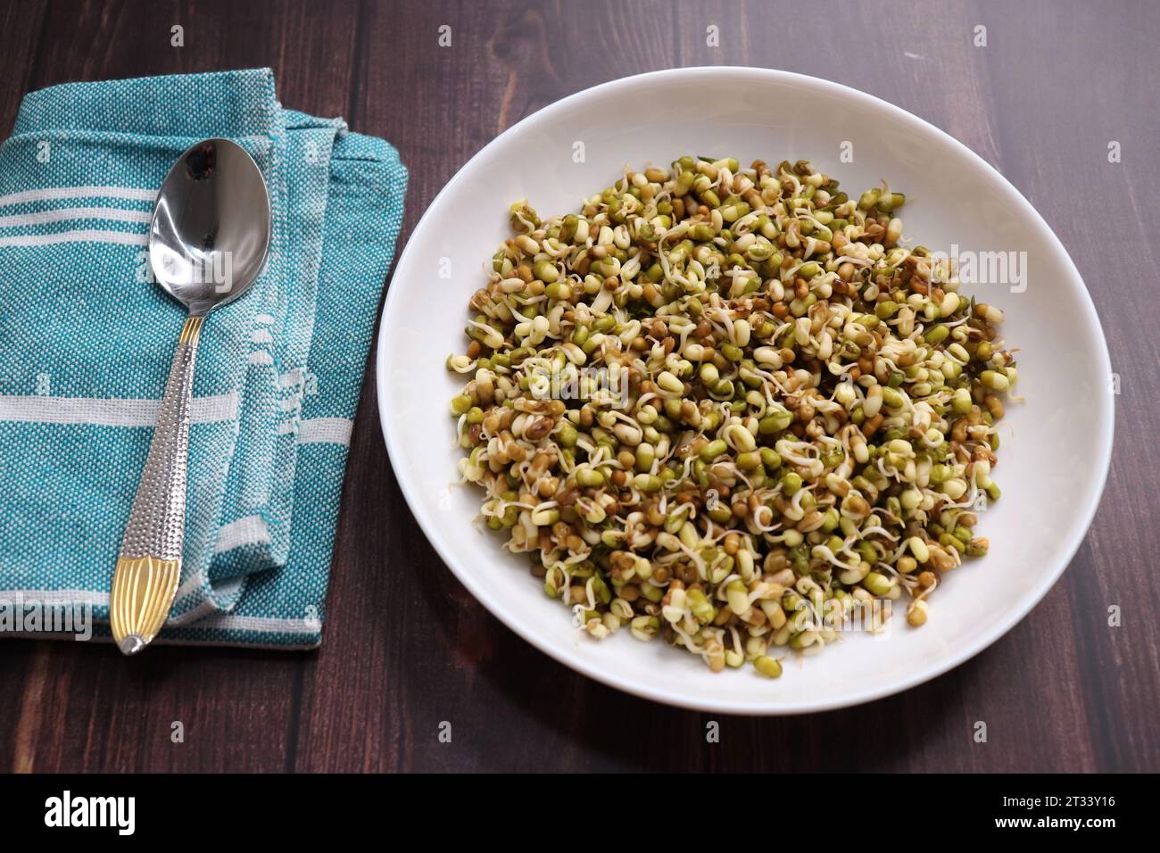 Gekeimte Moong-Bohnen. Proteinreicher Salat. Gesunde Snacks. Linsensalat Mit Keimlingen. Gemischt mit Zwiebeln, Tomaten, grünem Chili und Koriander. Stockfoto