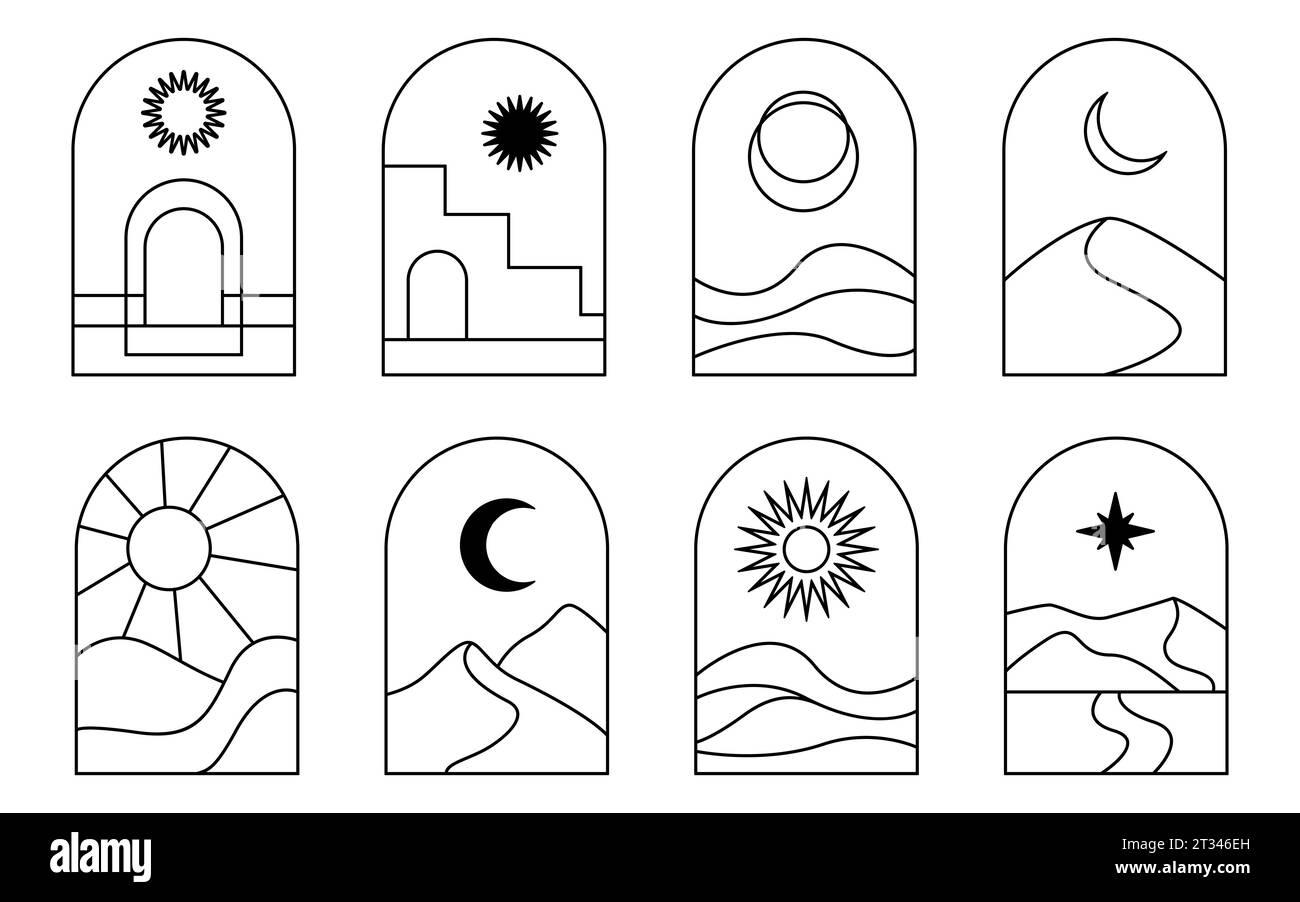 Abstraktes Landschaftsbogenset Boho Minimal Line Art Stock Vektor