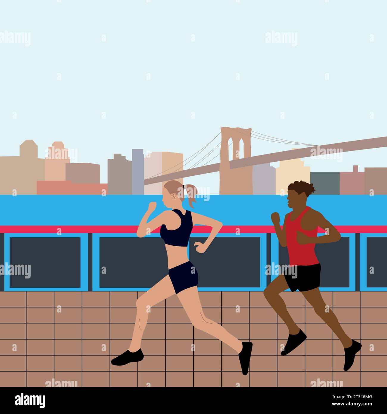 Vektorillustration zum Laufen und Laufen mit New York City Silhouette. Sporttypografie, T-Shirt, Poster, Druck, Banner, Flyer, Postkarte. Stock Vektor