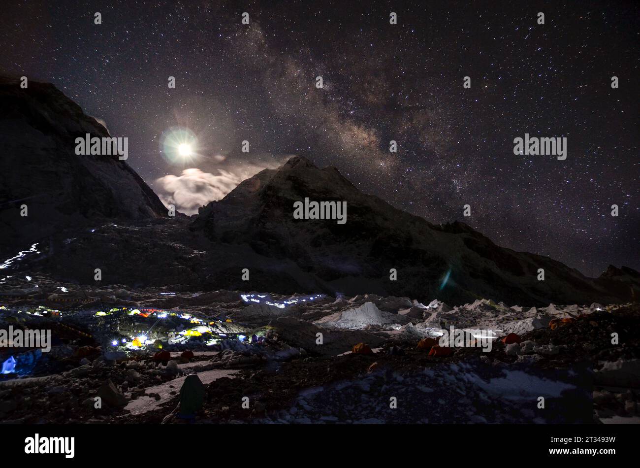 Die Milchstraße Erhebt Sich Über Die Flanken Von Nuptse, Während Der Vollmond Licht Auf Kletterer Wirft, Die Durch Den Khumbu-Eisfall In Nepal Wandern Stockfoto