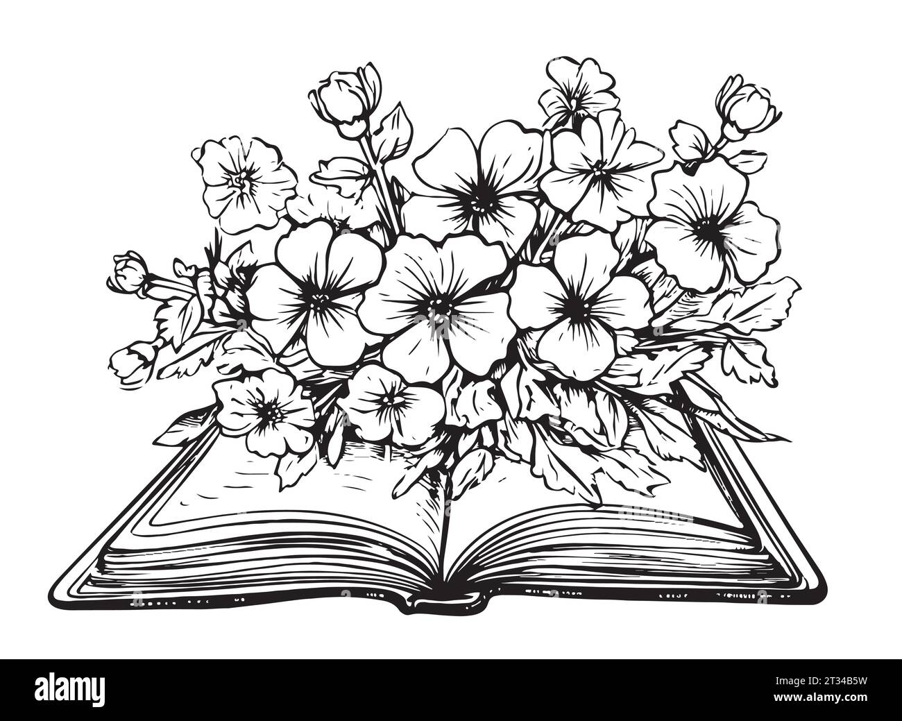 Buch öffnen mit Blumen innen, handgezeichnete Skizze Illustration. Stock Vektor