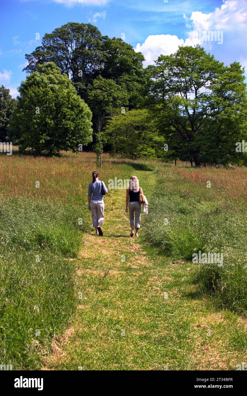 Zwei junge Leute laufen auf einem Fußweg in einem öffentlichen Park. Stockfoto