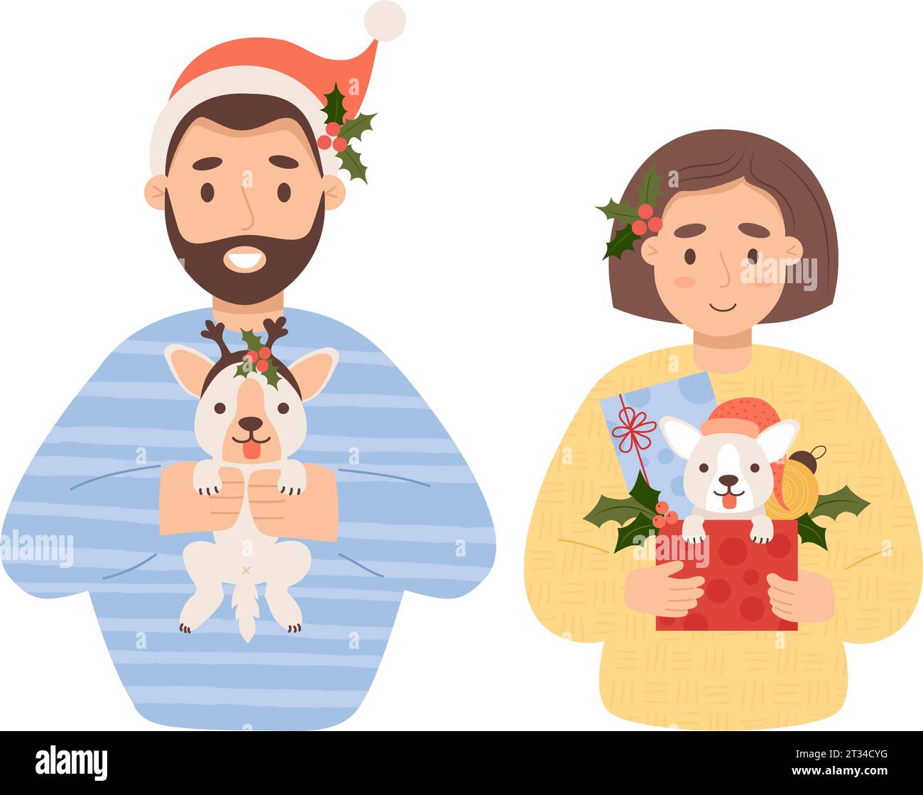 Niedliches Weihnachtsgeschenk. Glückliches Paar Frau und Mann mit einem kleinen Welpen und Neujahrsgeschenken. Vektorillustration im Cartoon-Stil. Isolierter Urlaubscharakter Stock Vektor