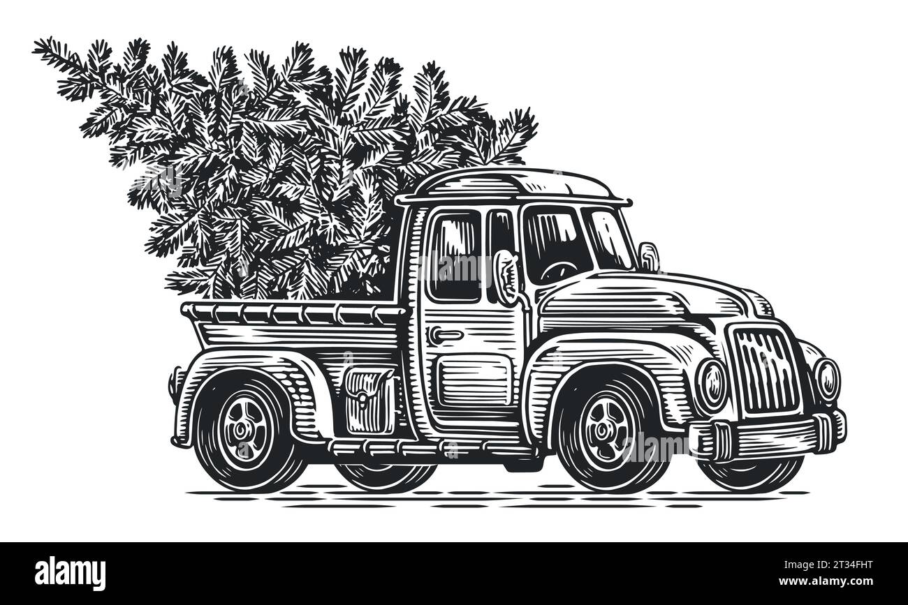 Handgezeichneter Retro-Farmwagen mit Weihnachtsbaum. Skizze Vintage Vektor Illustration Gravur Stil Stock Vektor