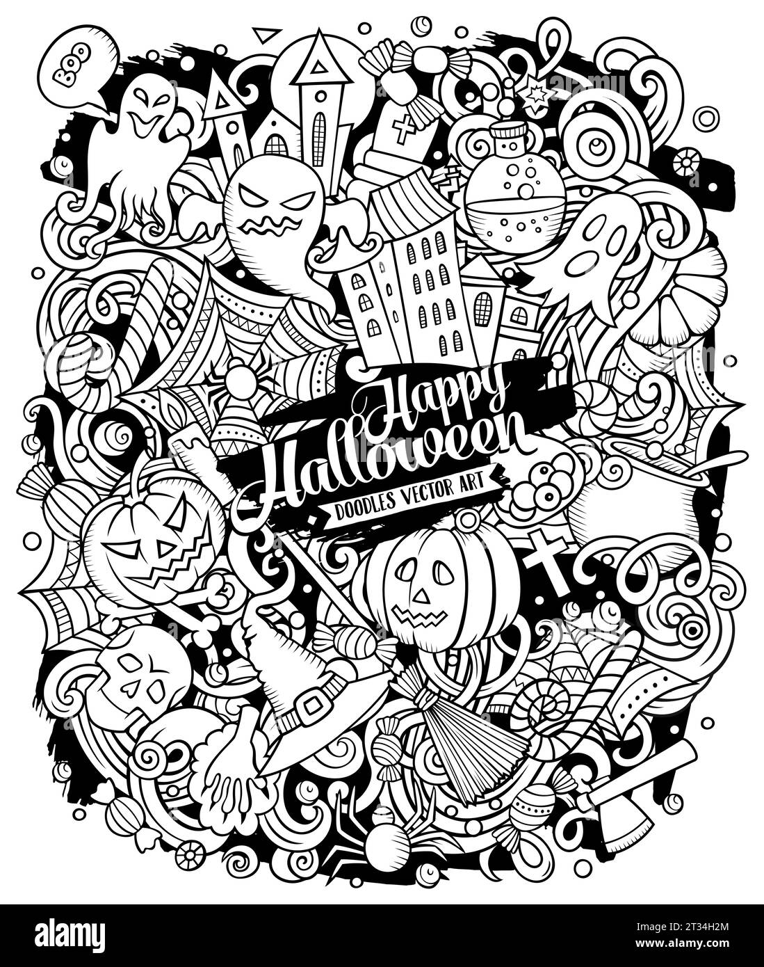 Cartoon Vektor Kritzeleien Happy Halloween Illustration. Skizzenhaft, detailliert, mit vielen Objekten Hintergrund. Alle Objekte sind getrennt Stock Vektor