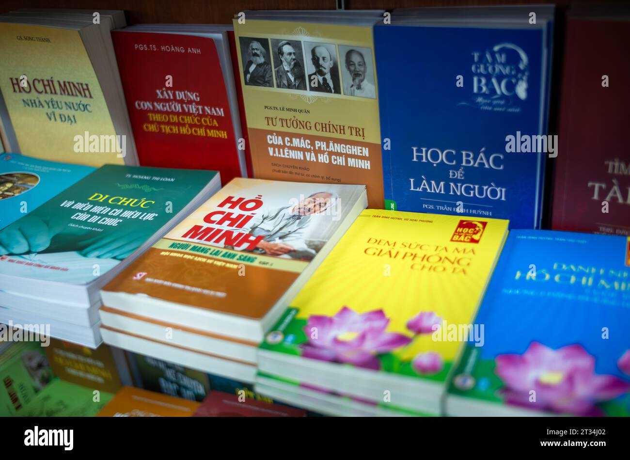 Bücher über den vietnamesischen kommunistischen Revolutionshelden und ehemaligen Präsidenten Ho Chi Minh zum Verkauf im staatlichen Trang Tien Bookshop in Hanoi, Vietnam. Stockfoto