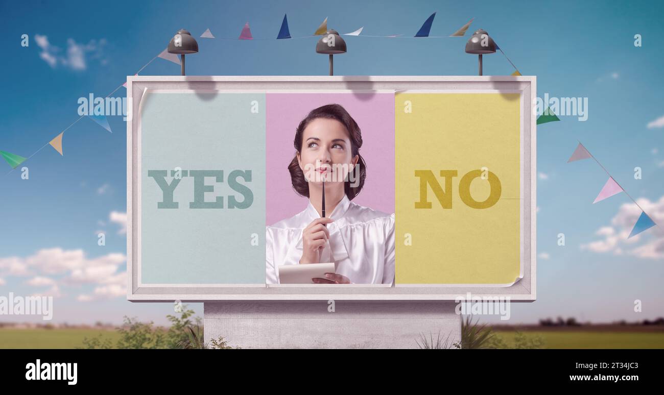 Reklametafeln mit nachdenklicher Vintage-Frau, die einen Notizblock hält und eine Entscheidung trifft: ja oder nein? Stockfoto