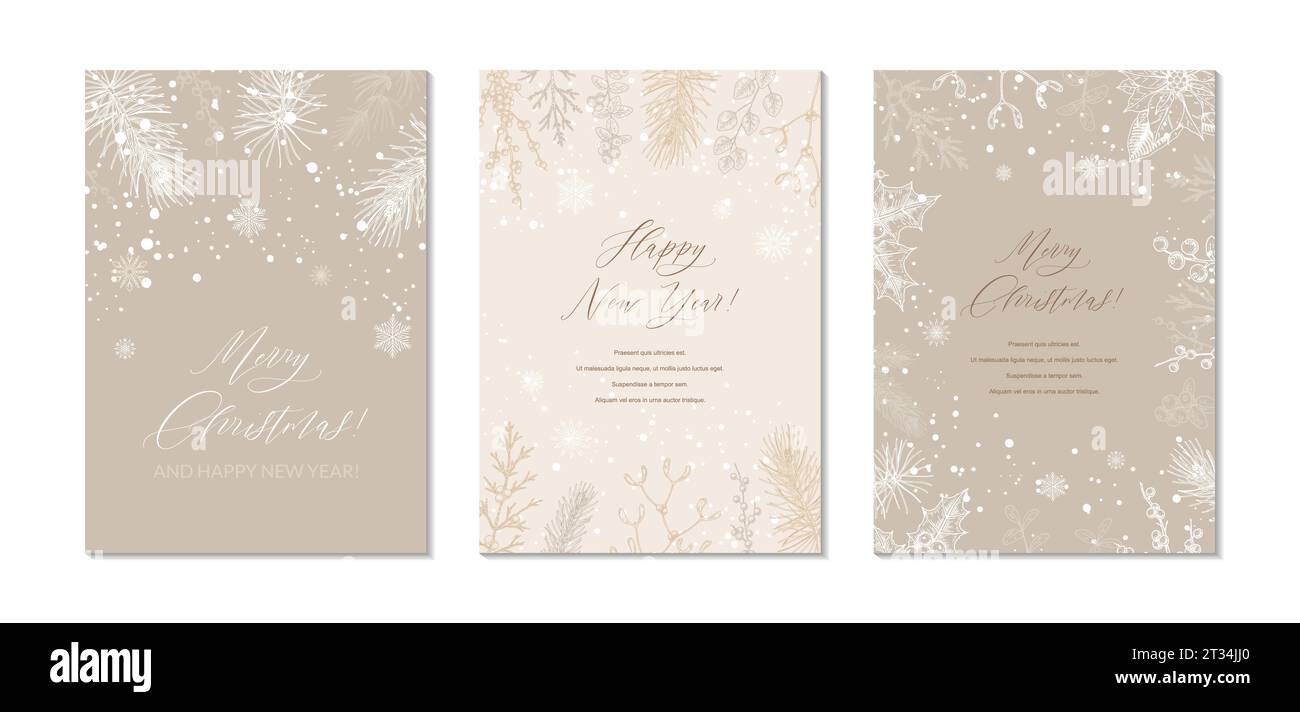 Frohe Weihnachten und Happy New Year Grußkarten Set. Handgezeichnete Winterpostkarte. Trendige Feiertage festliches Design Hintergrund für Einladungen, ce Stock Vektor