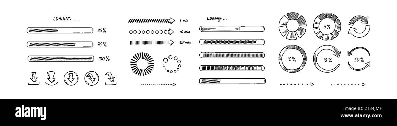 Doodle-Ladebalken, Kreise, Symbole. Handgezeichneter Satz von Grafik-, Anwendungs- und ui-Designelementen. Status des Skizzenfortschritts, Upload-Geschwindigkeit, Akkuladung Stock Vektor