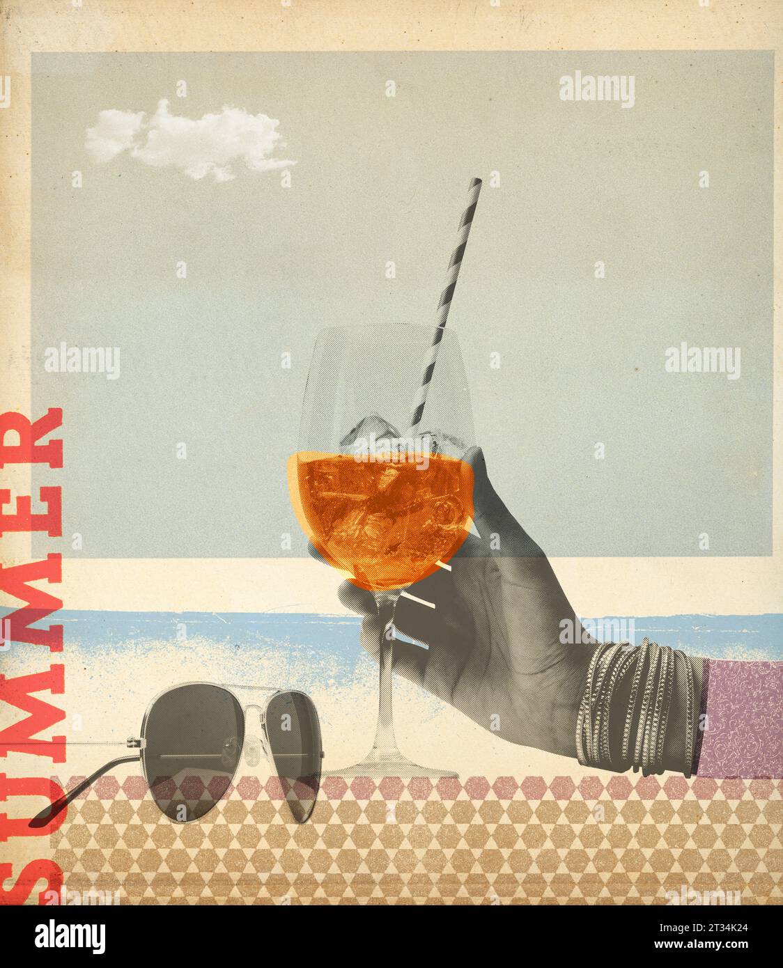 Sommerferien Oldtimer-Collage-Kunstplakat: Frau beim Cocktail und Strand Stockfoto