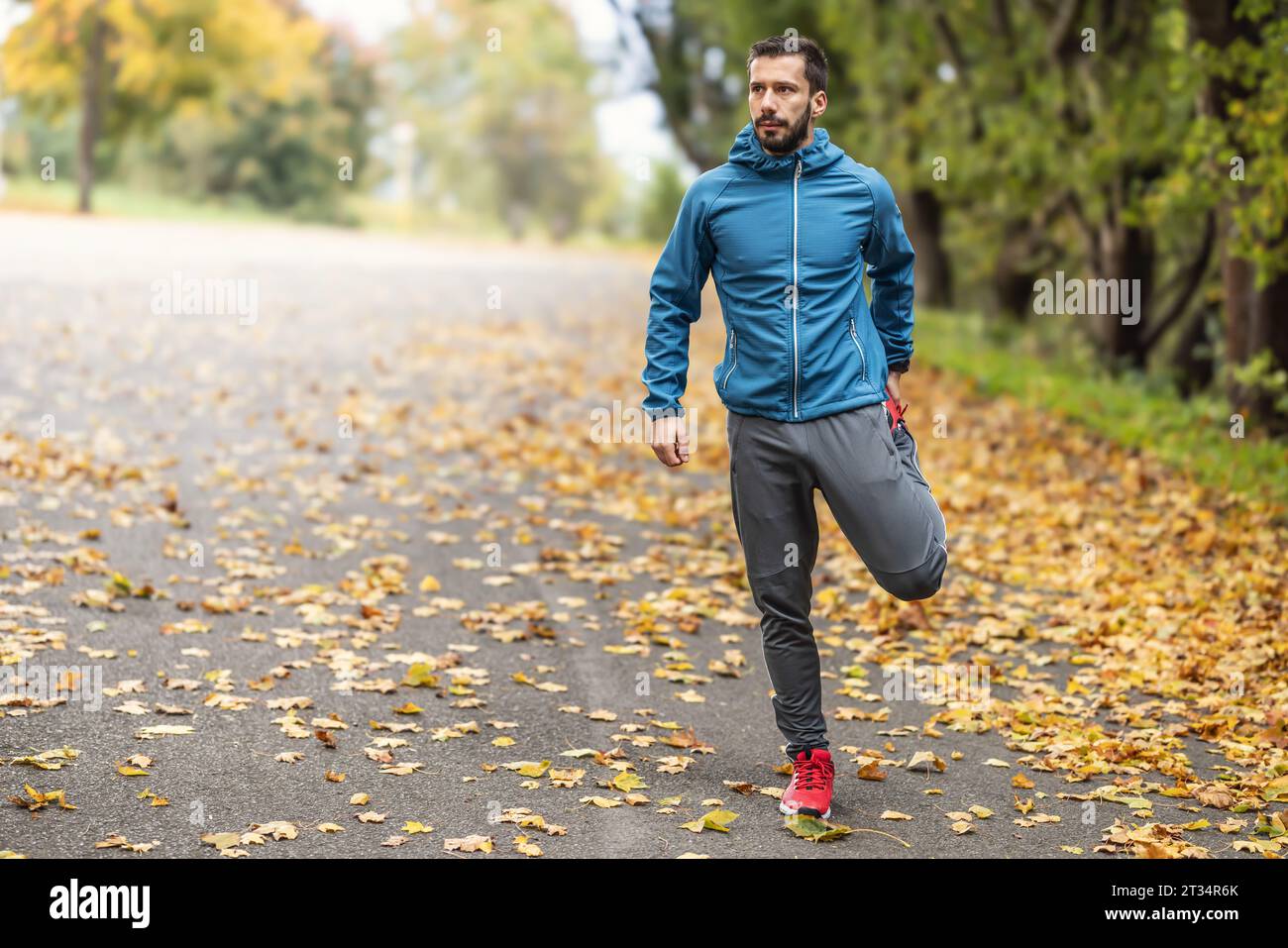 Ein junger Athlet wärmt sich vor dem Lauftraining im Park auf. Sie erwärmt den unteren Teil des Körpers. Stockfoto
