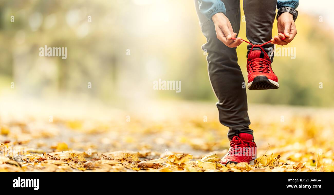 Eine Nahaufnahme der Hände eines Athleten, der seine Schnürsenkel bindet, bevor er in einem Herbstpark läuft. Stockfoto