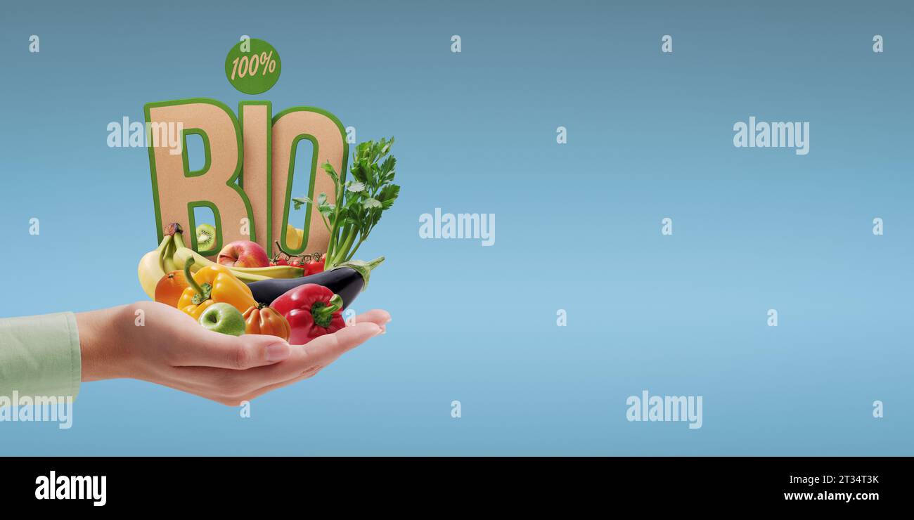Handgehaltenes Verkaufskonzept für frisches Bio-Gemüse, Ernte und frische Produkte Stockfoto