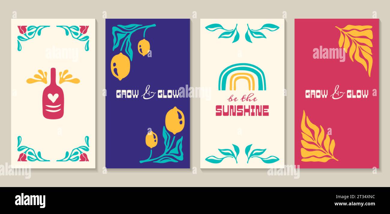 Abstrakte Poster mit Blumenmotiven, mit Zitronen und Blättern im matisse Minimal-Stil. Blumen und Pflanzen trendige Vektor Illustration Banner, Wandkunst. Moderne naive, groovige botanische Drucke und Rahmen. Stock Vektor