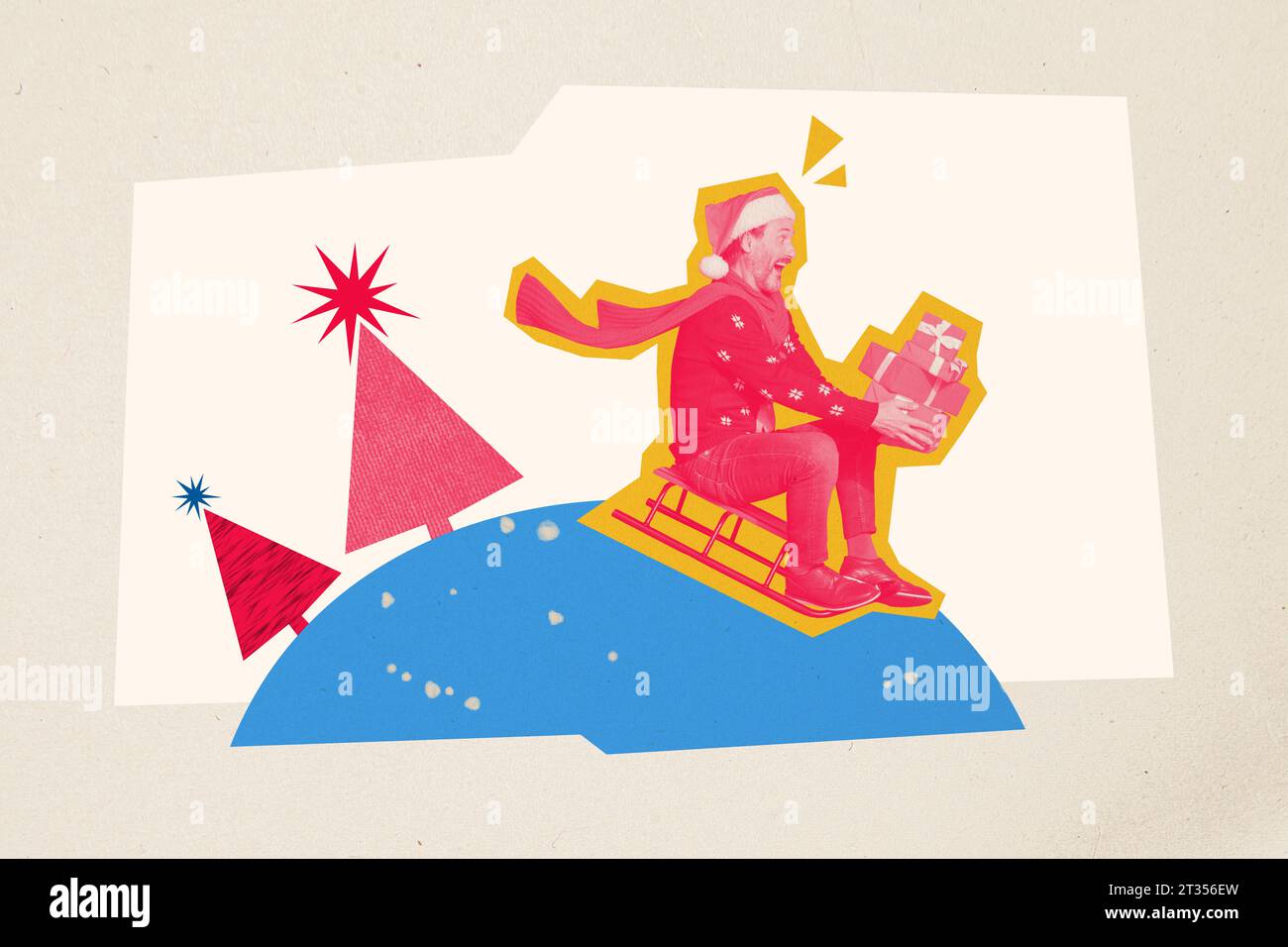 Collage Bild von funky sorglos Mann tragen santa claus Hut reiten Schlitten Schnee frostiges Wetter im Freien Lieferung Geschenkbox auf beigem Hintergrund Stockfoto