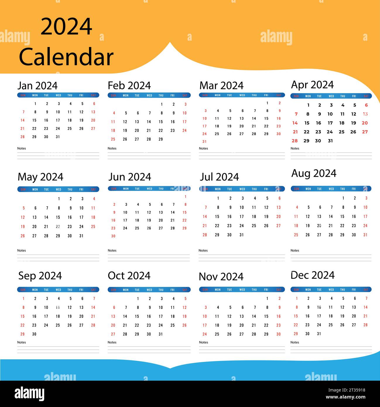 Monatliche Kalendervorlage für 2024 Jahre Stock Vektor