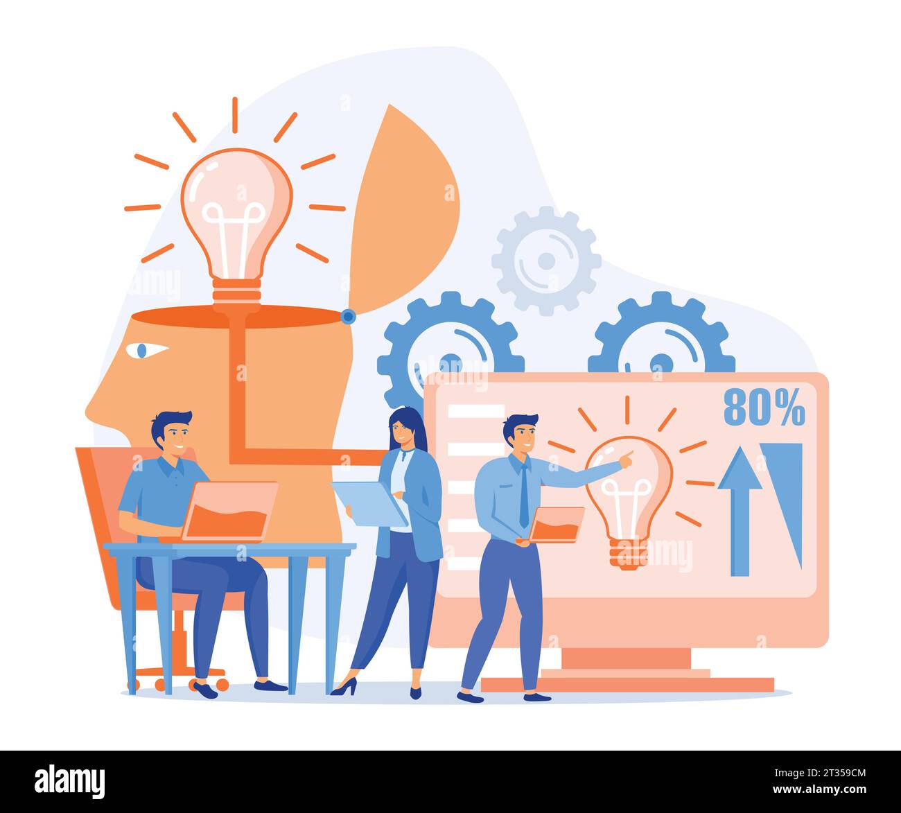 Teamarbeit mit dem Boss. Das Team der Informationsposter arbeitet an der Idee zur Umsetzung. Moderne Illustration des flachen Vektors Stock Vektor