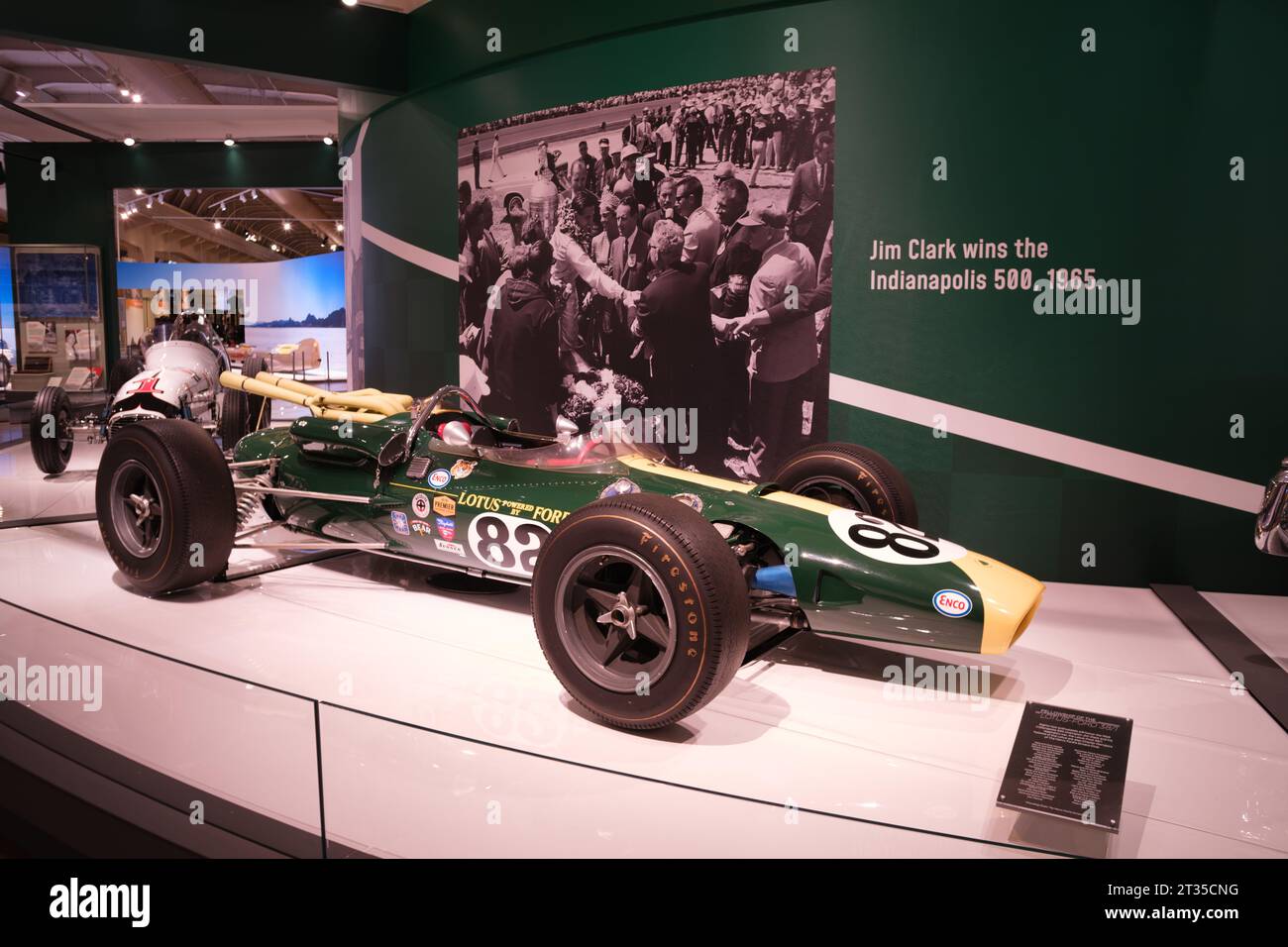 Der 1965 in Indianapolis 500 ausgezeichnete Lotus-Ford, gefahren von Jim Clark, ist im Henry Ford Museum ausgestellt Stockfoto