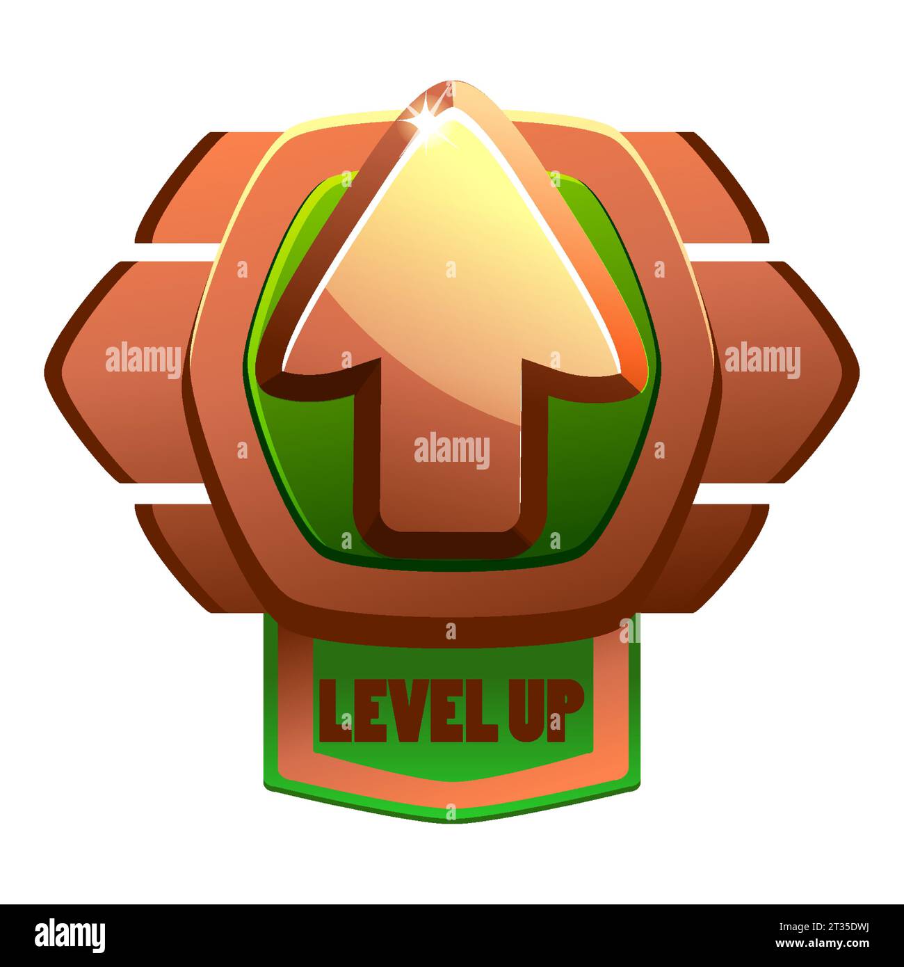 Spiel Bronze Level-Up-Abzeichen und gewinne das Symbol, das Schild-Banner des abgeschlossenen Levels, das Level-up-Symbol mit einem Bronze-Schild für die nächste Stufe Stock Vektor