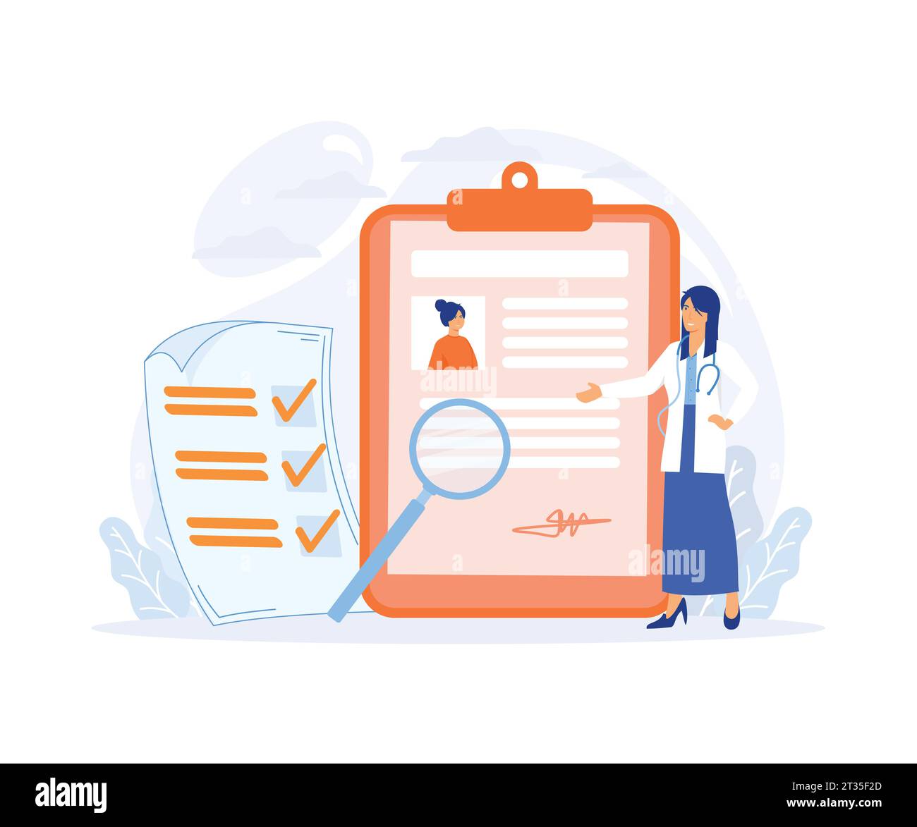 Gesundheitsaufzeichnungskonzept, Krankengeschichte und Krankenaufzeichnungspapier für Krankenhausarzt. Moderne Illustration des flachen Vektors Stock Vektor