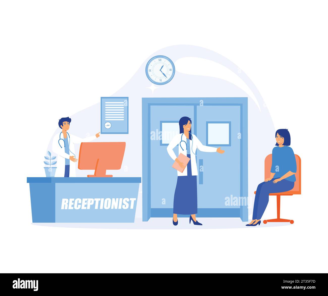 Krankenhausempfangspersonal, Arzt oder Arztpraxis, Gesundheitseinrichtung, um qualitativ hochwertige Gesundheitsdienstleistungen zu bieten. Moderne Illustration des flachen Vektors Stock Vektor