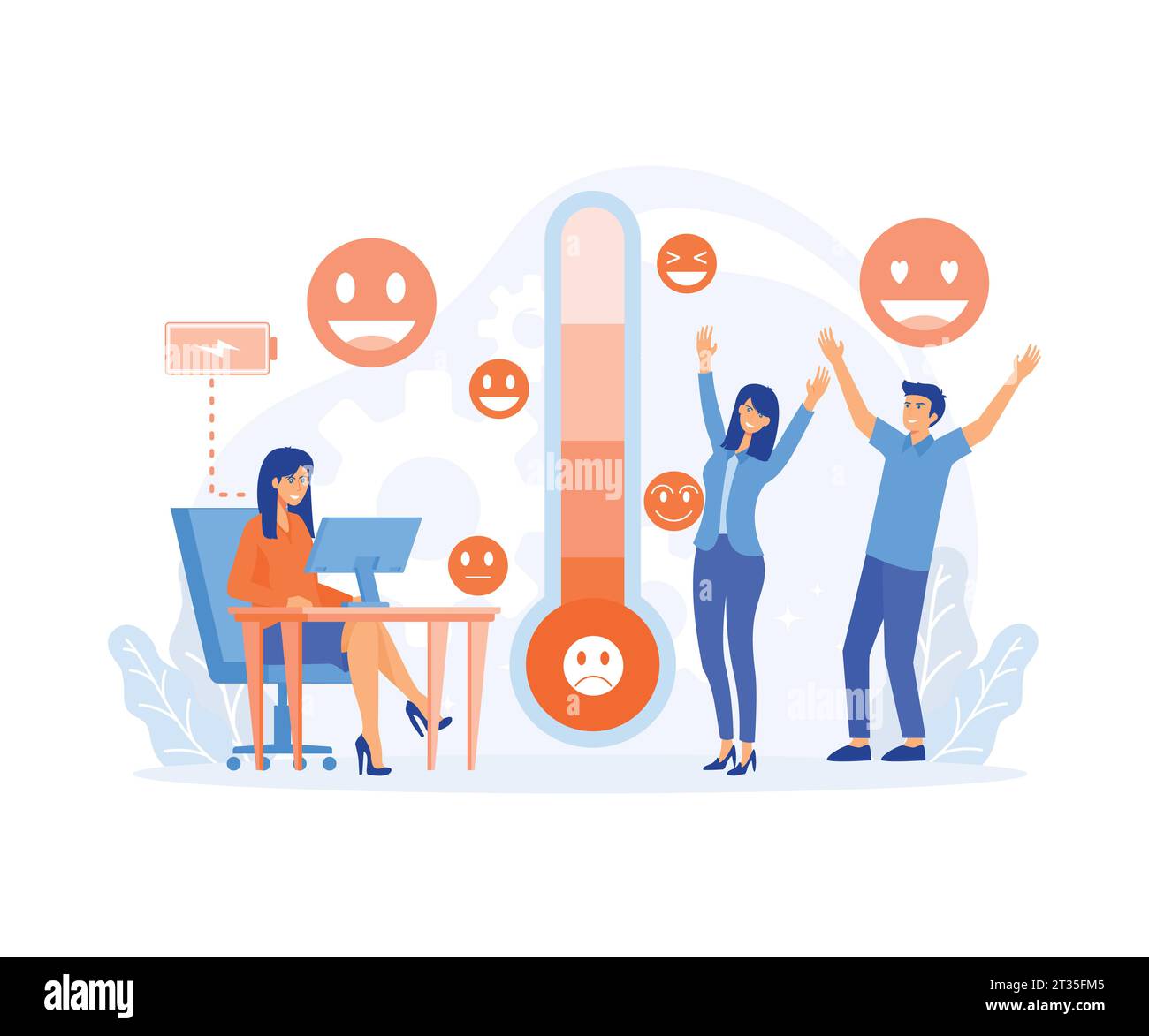 Thermometer als Belastungsskala Emotionen, Stimmung. Voll aufgeladener aktiver geistig gesunder Mitarbeiter. Flache Vektor-moderne Illustration Stock Vektor