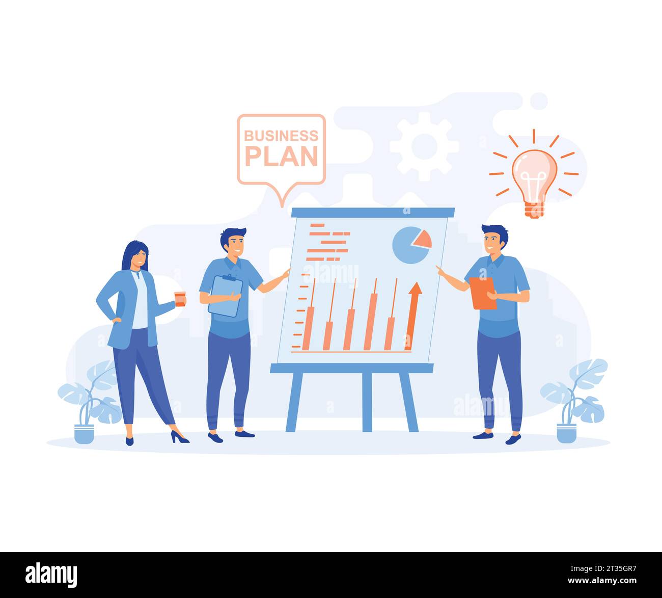 Businessplan-Konzept, Geschäftsmann, der Businessplan vorstellt. Moderne Illustration des flachen Vektors Stock Vektor