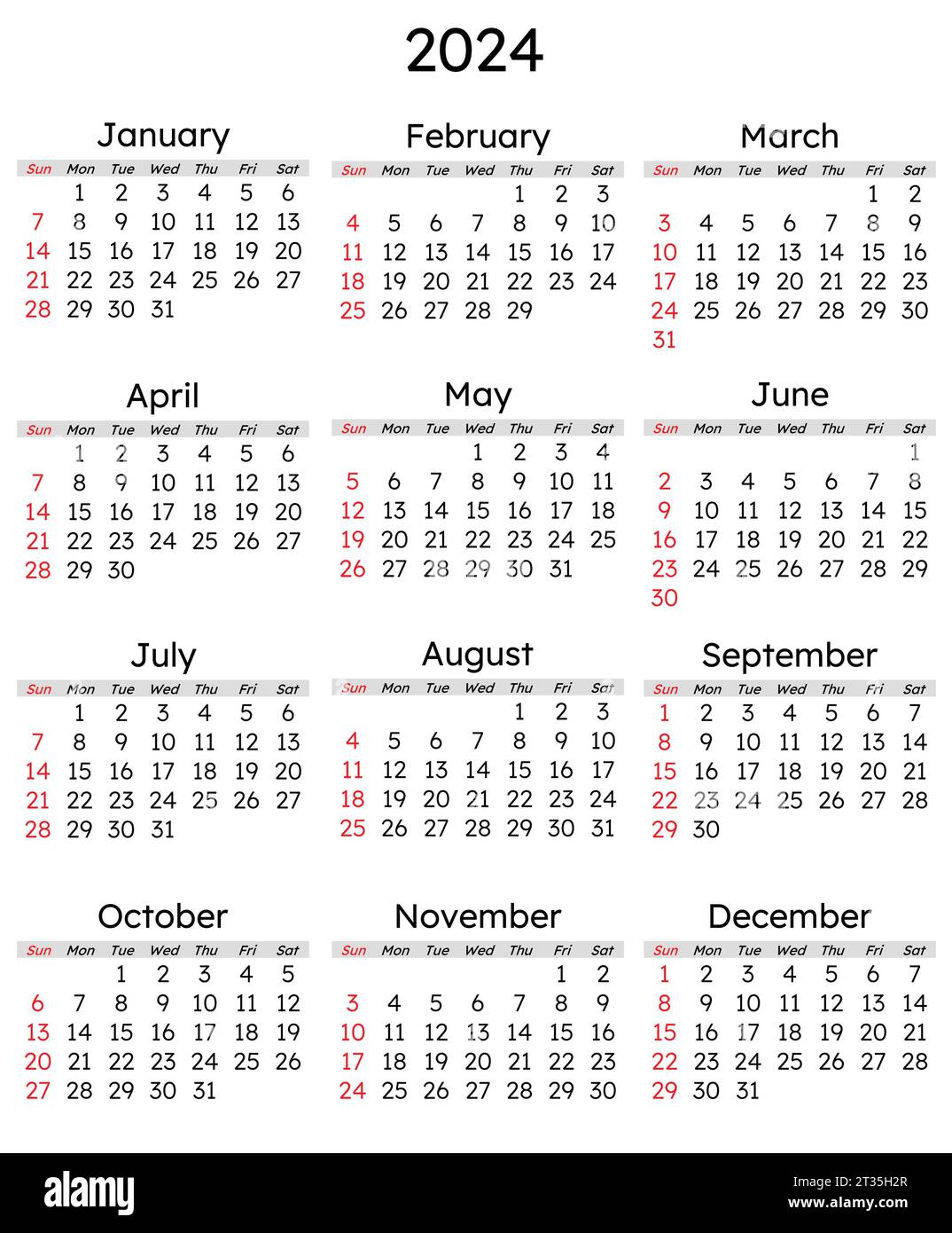 2024 Kalender vertikal. Moderne Vektorillustration. Planen Sie Ihr Jahr 