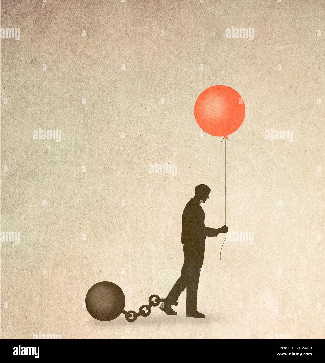 Die Silhouette eines Menschen, der durch einen Ballon mit einer Kugel und einer Kette gehalten wird, der Hoffnung symbolisiert Stockfoto