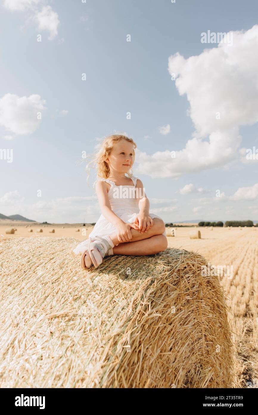 Blondes Mädchen sitzt auf Strohballen auf dem Feld an sonnigem Tag Stockfoto