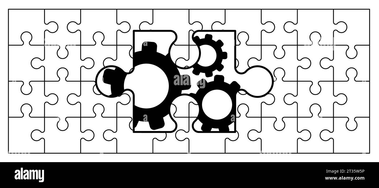 Puzzle-Puzzleteile-Verbindung. Symbol oder Piktogramm der Puzzleteile. Kontur des Zeichentrickvektors. Dubbele platte Puzzles. Teamwork-Konzept. Zahnrad oder Zahnrad Stockfoto