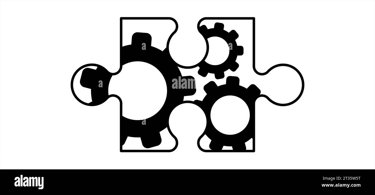 Puzzle-Puzzleteile-Verbindung. Symbol oder Piktogramm der Puzzleteile. Kontur des Zeichentrickvektors. Dubbele platte Puzzles. Teamwork-Konzept. Zahnrad oder Zahnrad Stockfoto