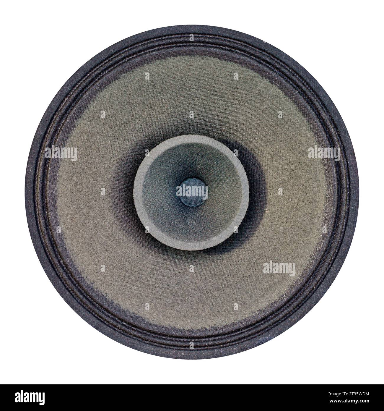 Großer Vintage-Basslautsprecher mit hoher Tonhöhe, isoliert auf weißem Hintergrund Stockfoto