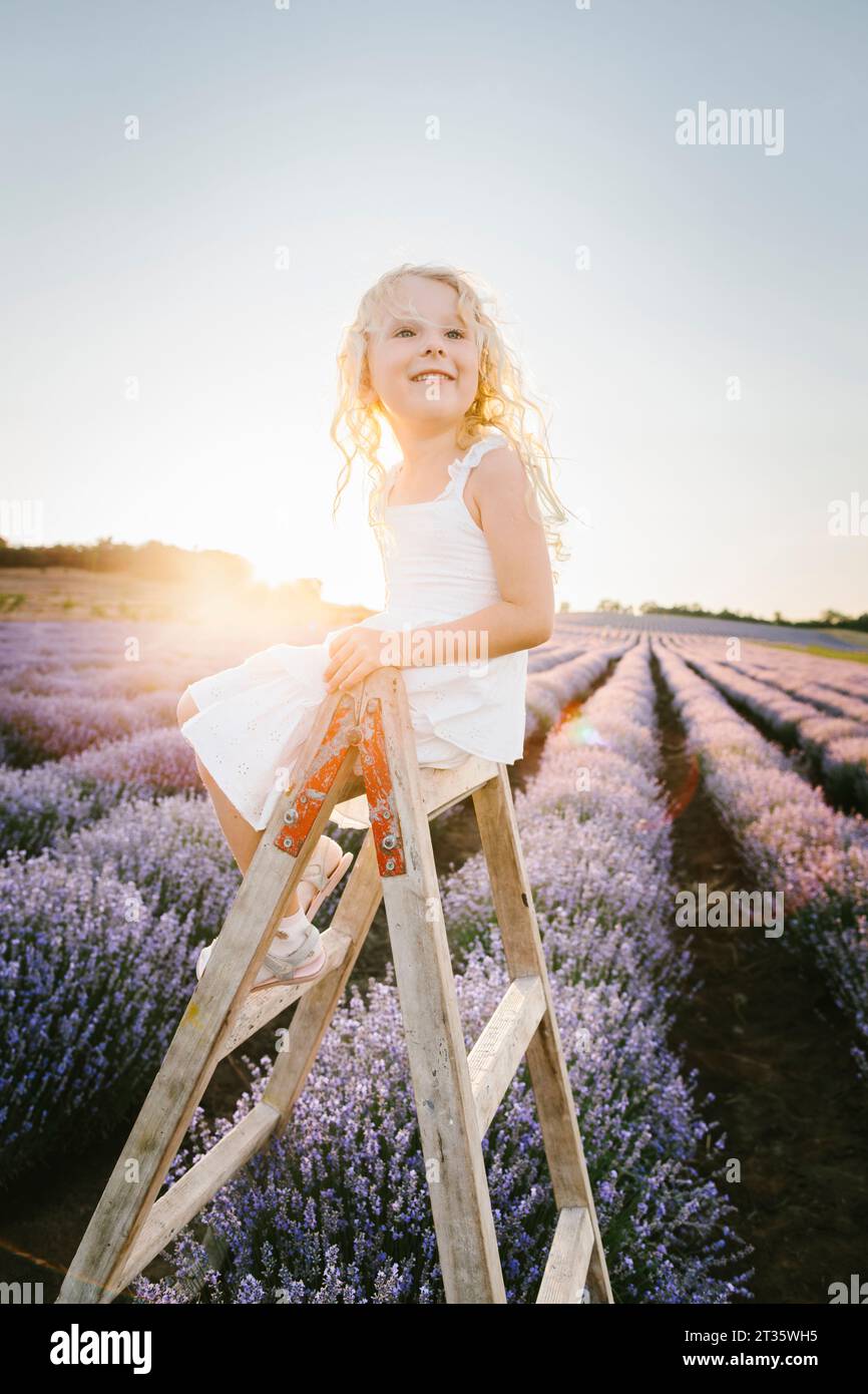 Ein nachdenkliches Mädchen sitzt auf einer hölzernen Trittleiter im Feld Stockfoto