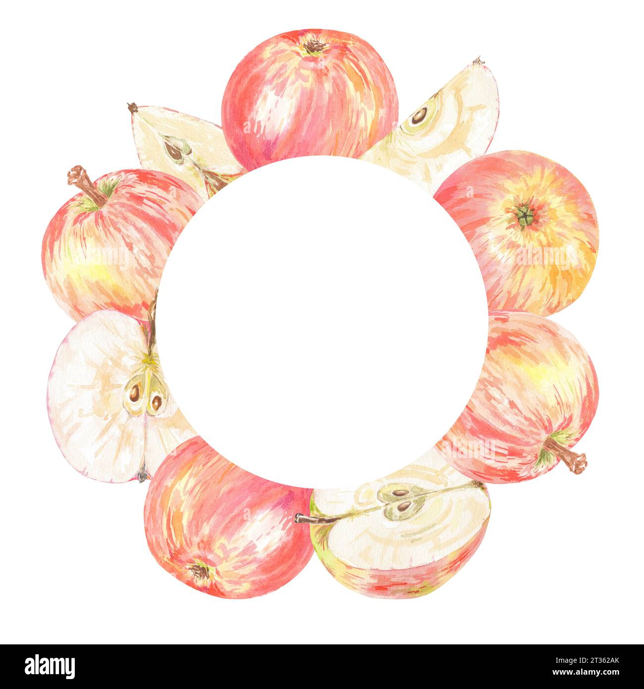 Aquarellrahmen Kranz Apfel rot isolierte Illustration auf weißem Hintergrund. Herbstfrucht für Logo, Menü, Karte. Kunst für Design. Gesunde Ernährung Stockfoto