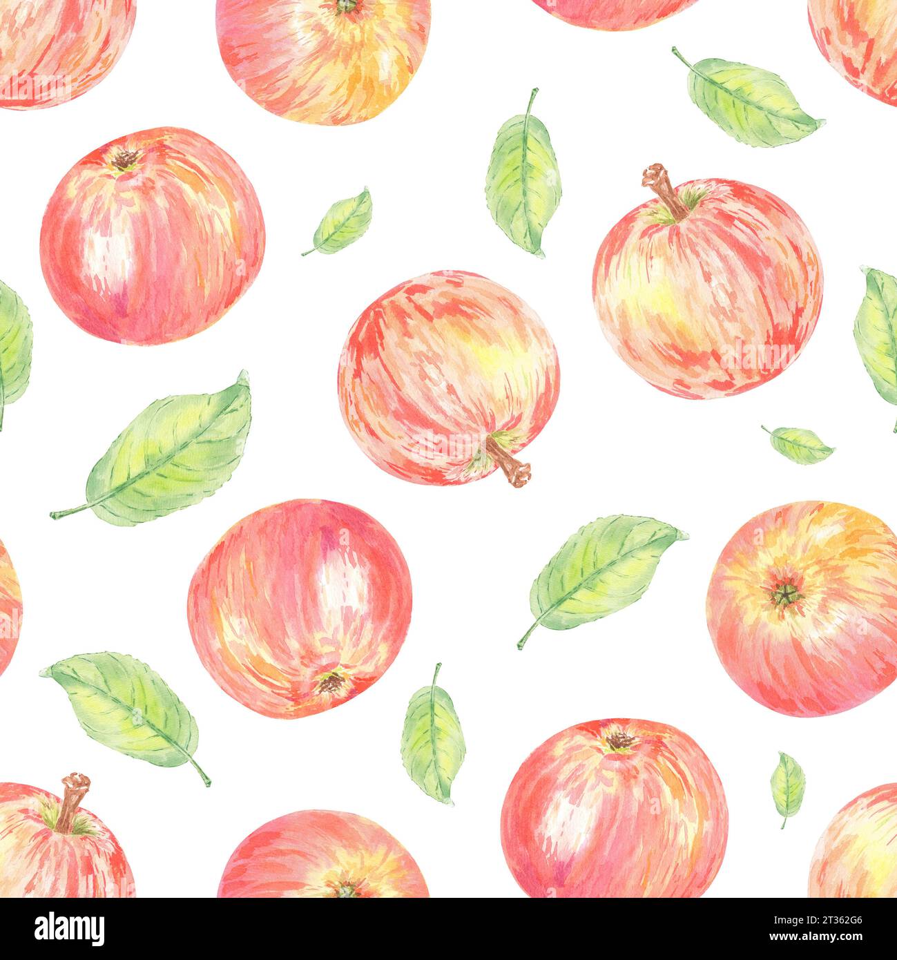 Nahtloses Aquarellmuster mit roten Äpfeln. Lebensmittelillustration handgemalt in botanischem Stil auf weißem Hintergrund für die Verwendung in Textil, Tapete Stockfoto