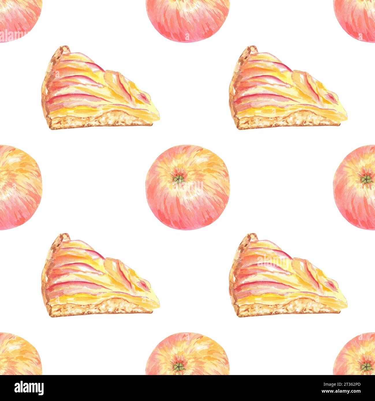 Nahtloses Muster, handgemalte rote Äpfel und Kuchen, Kuchen. Botanische Illustration auf grünem Hintergrund. Art Food Design, Tapete, Textil Stockfoto