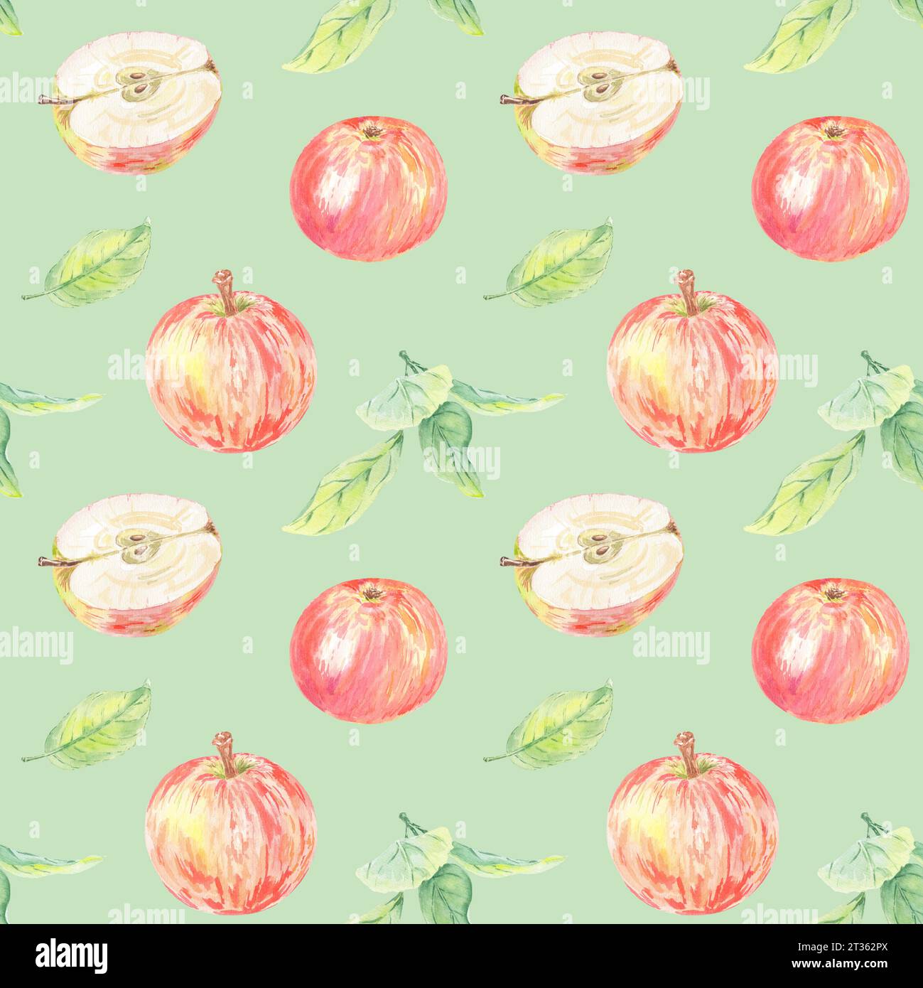 Nahtlose Muster handgemalte rote Äpfel und grüne Blätter. Botanische Illustration auf grünem Hintergrund. Art Food Design, Tapete, Textil Stockfoto