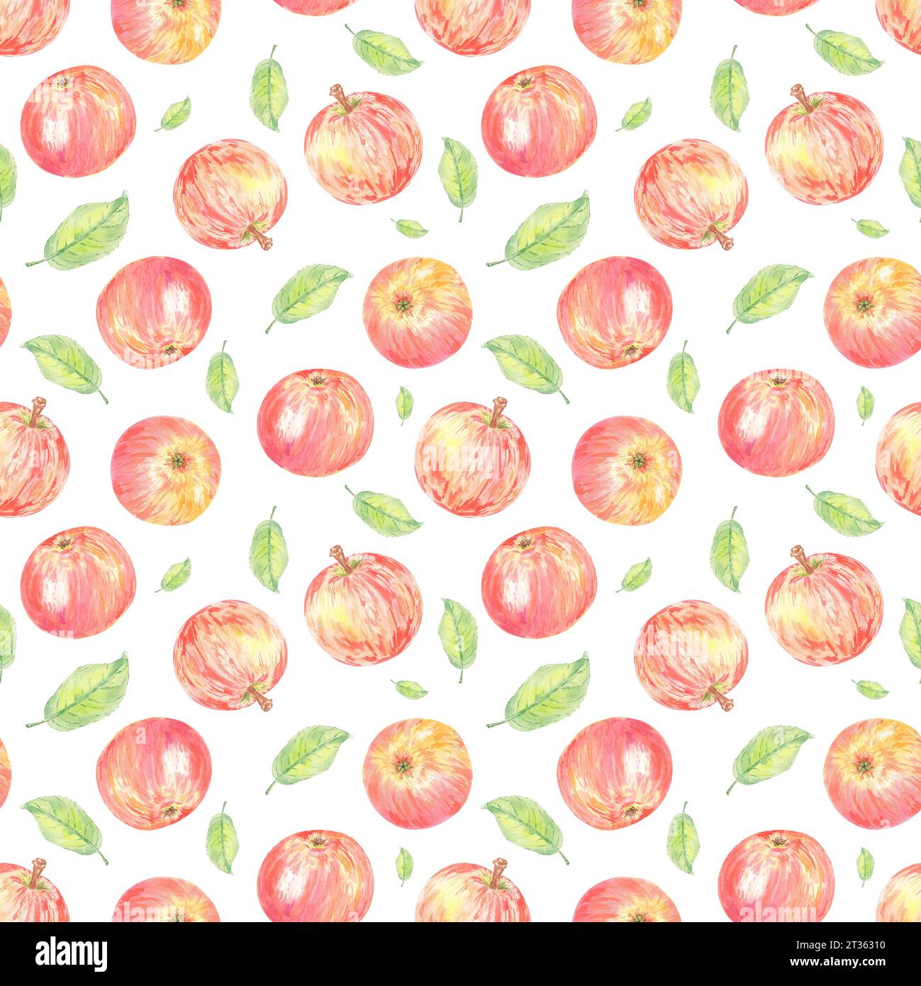 Nahtloses Aquarellmuster mit roten Äpfeln. Lebensmittelillustration handgemalt in botanischem Stil auf weißem Hintergrund für die Verwendung in Textil, Tapete Stockfoto