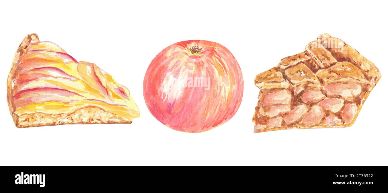 Clipart handgemalte rote Äpfel und Karamellkuchen. Botanische Illustration mit Aquarell isoliertes Element auf weißem Hintergrund. Kunst für Lebensmitteldesign, Logo Stockfoto