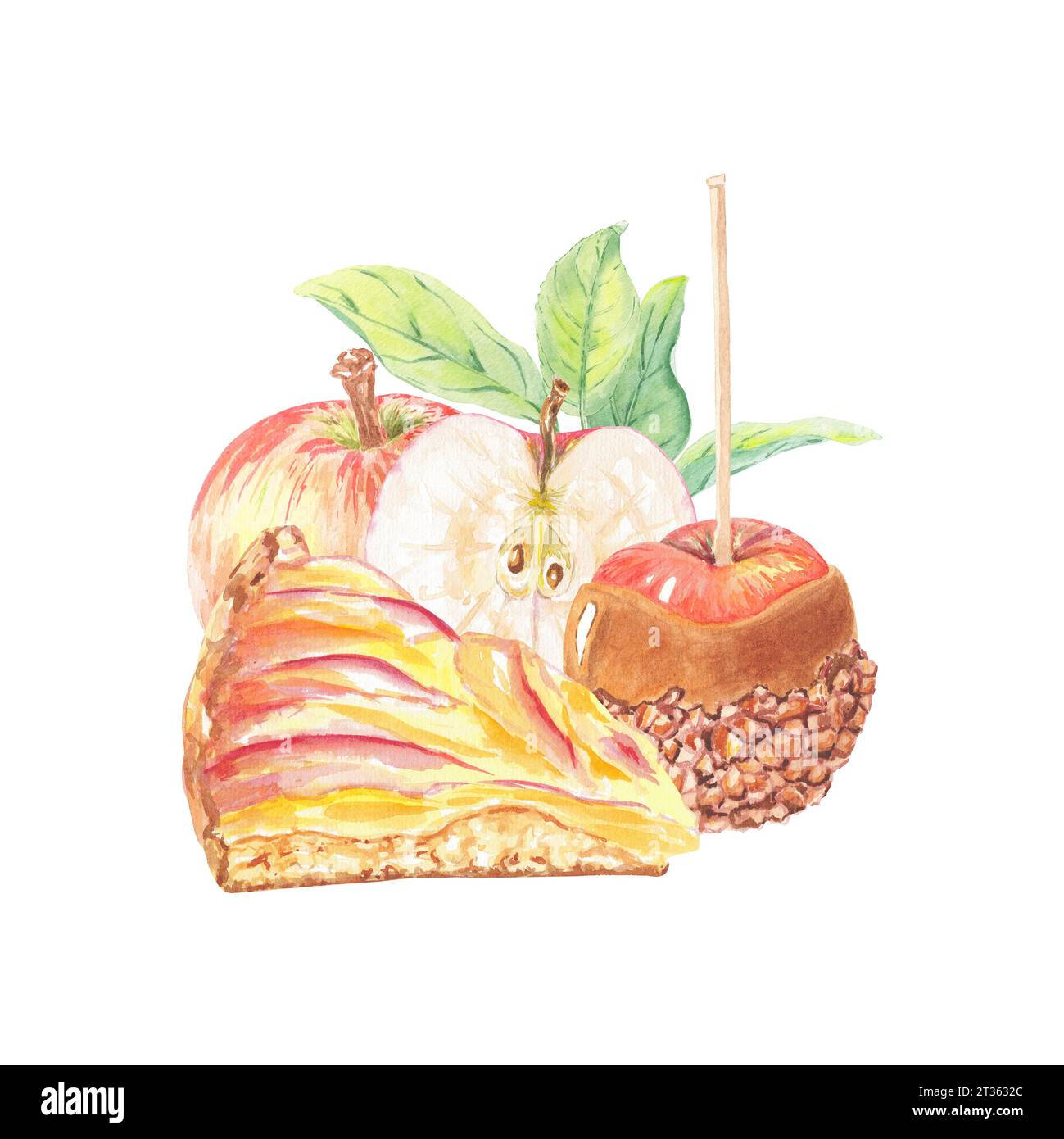 Aquarellkomposition Apfelscheibe mit Kuchen isolierte Illustration auf weißem Hintergrund. Herbstfrucht für Logo, Menü, Karte, Muster. Kunst für Design Stockfoto