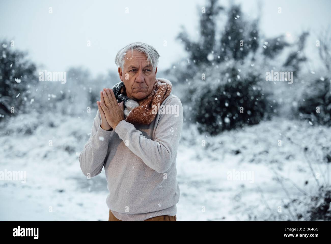 Senior Mann, der sich die Hände im Schnee reibt Stockfoto