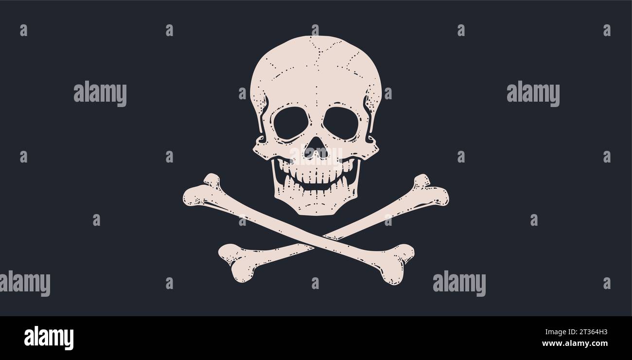 Totenschädel Crossbones. Retro-handgezeichneter weißer Schädel mit Kreuzknochen auf schwarzer Piratenfahne. Vintage-Poster mit schwarzem Schädelskelett auf dunklem Hintergrund für Halloween. Vektorabbildung Stock Vektor