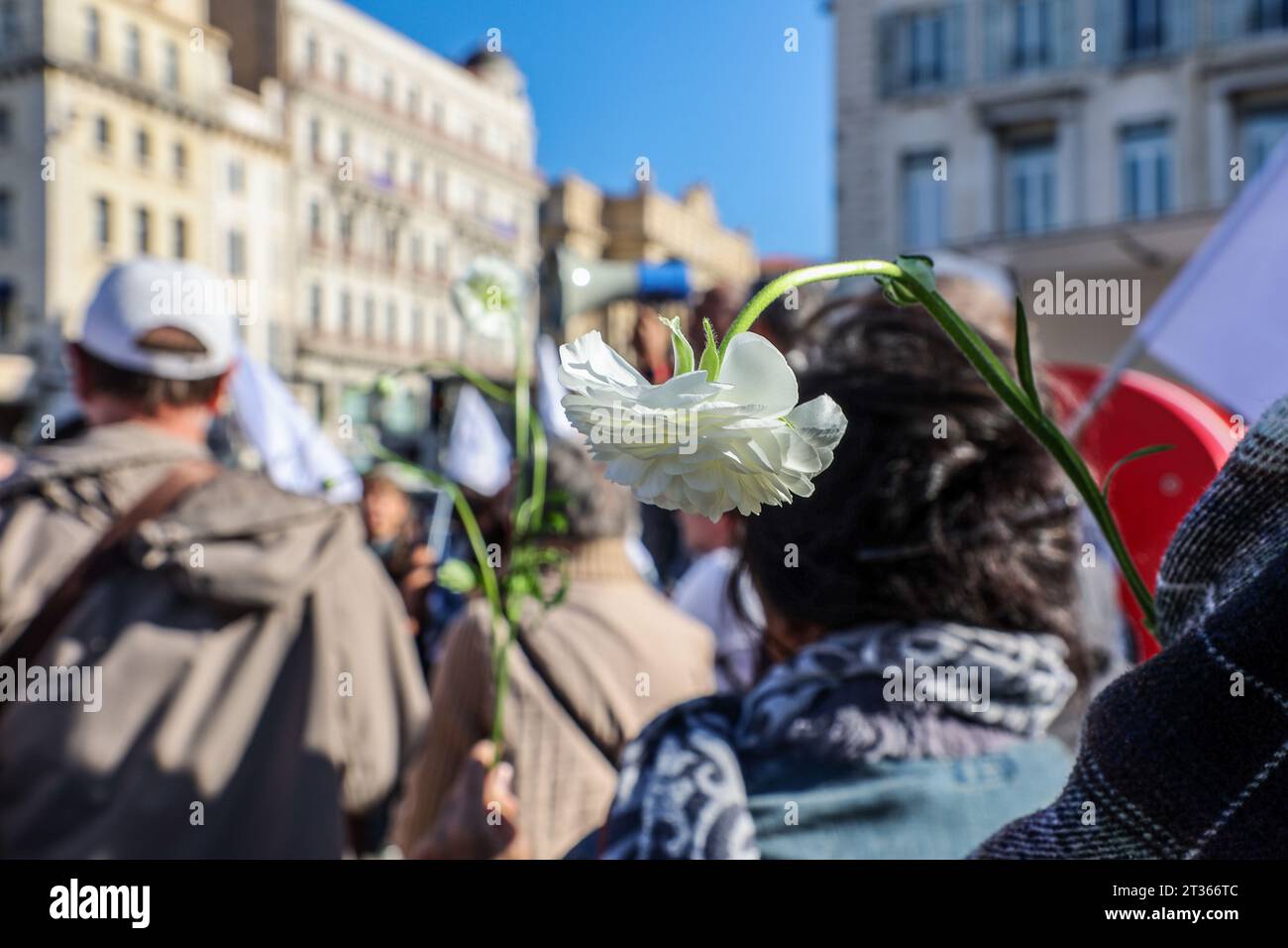 Demonstranten versammeln sich im Alten Hafen von Marseille während der Friedensdemonstration. In Marseille riefen die humanitären Organisationen Abbé Pierre Foundation und die Menschenrechtsliga zu einer Kundgebung für den Weltfrieden auf. (Foto: Denis Thaust / SOPA Images/SIPA USA) Stockfoto